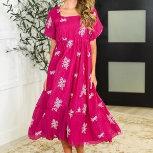 Twirl In Bloom Square Neck Dress In Hot Pink